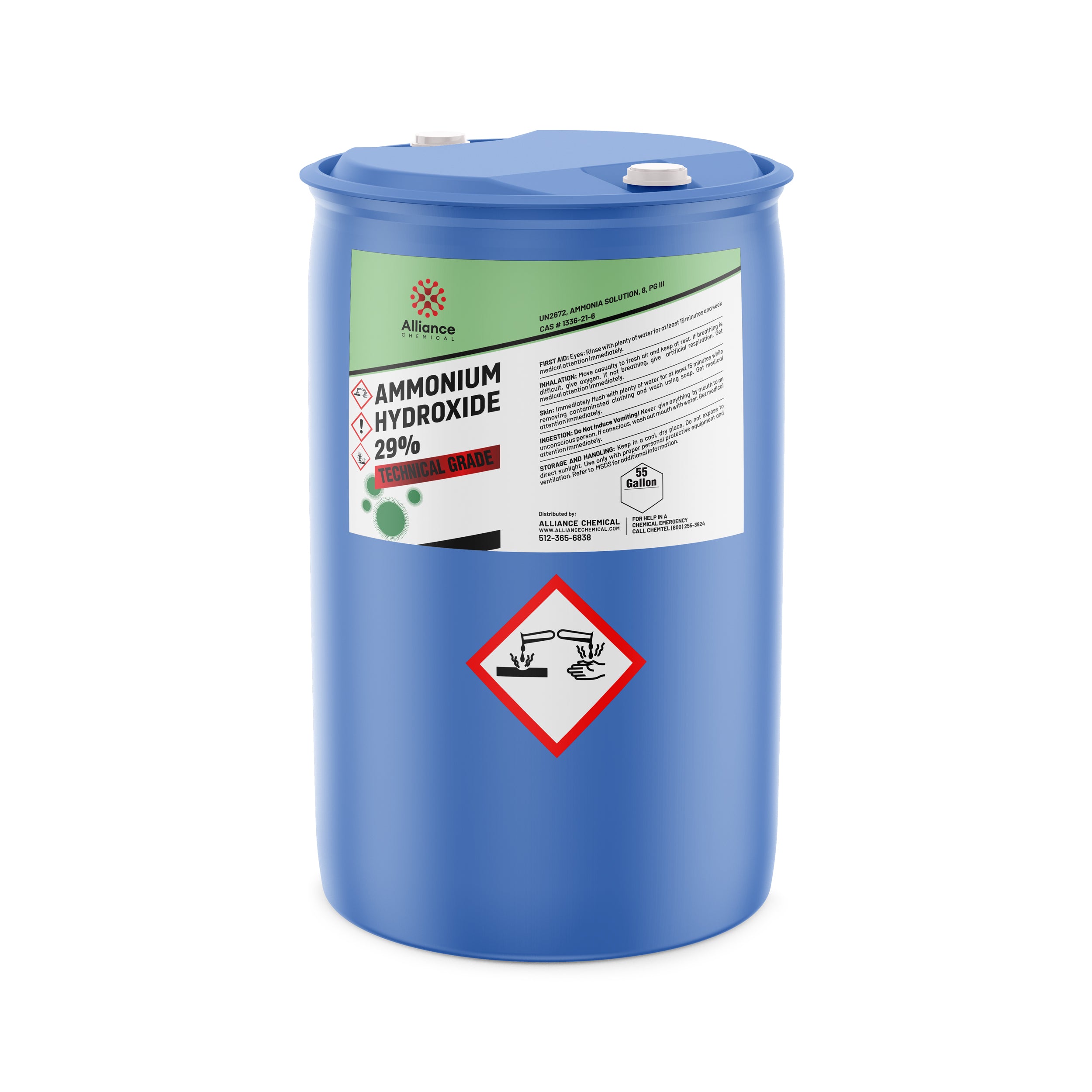 55-gallon blue HDPE drum of Ammonium Hydroxide 29% Technical Grade with corrosive hazard symbol, Alliance Chemical branding, white cap seals.